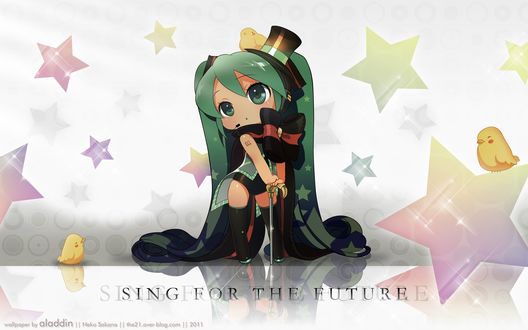 Обои на рабочий стол Vocaloid Hatsune Miku / Вокалоид Хатцуне Мику в стиле кабаре, в цилиндре с тросточкой среди звездочек и птенчиков, Sing for the future