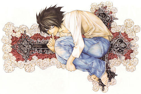Обои на рабочий стол L (El Lawliet) из аниме Тетрадь Смерти / Death Note, art Takeshi Obata