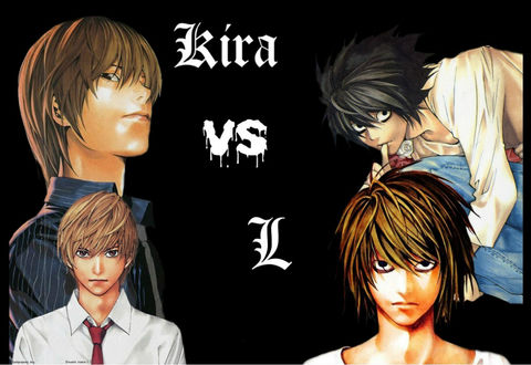 Обои на рабочий стол Yagami Light и L (El Lawliet) из аниме Тетрадь Смерти / Death Note, Kira vs L, art Takeshi Obata