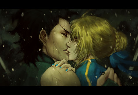 Обои на рабочий стол Лансер / Lancer и Сейбер / Saber из аниме Судьба: Начало / Fate / Zero, art by NanFe
