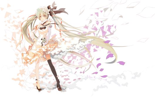 Обои на рабочий стол Vocaloid Hatsune Miku / Вокалоид Хатцуне Мику в окружении лепестков на белом фоне, art by Bzerox
