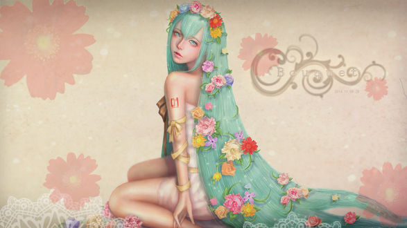 Обои на рабочий стол Vocaloid Miku Hatsune / Вокалоид Мику Хатсуне сидит с длинными волосами, украшенными цветами