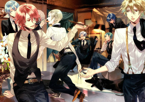 Обои на рабочий стол Azusa, Homare, Ryunosuke, Kanata, Suzuya и Yoh с черным псом весело проводят время, аниме Starry sky / Звездное небо, art by Kazuaki