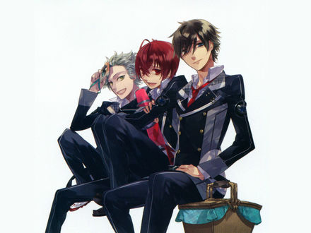 Обои на рабочий стол Kanata, Suzuya и Yoh в школьной форме на белом фоне, аниме Starry sky / Звездное небо, art by Kazuaki