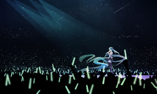 Обои на рабочий стол Vocaloid Hatsune Miku / Вокалоид Хатцуне Мику выступает на сцене перед огромным залом, art by Anna1997
