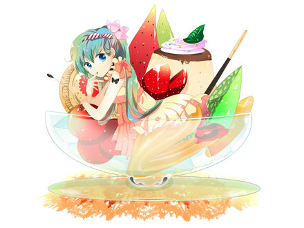 Обои на рабочий стол Vocaloid Miku Hatsune / Вокалоид Мику Хатсуне сидит в вазочке с мороженым на белом фоне, rt by Marirero