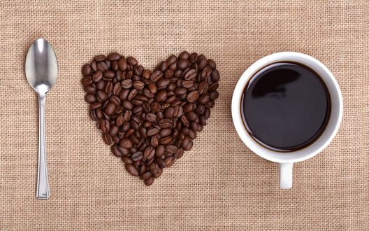 Обои на рабочий стол I love coffee, зерна кофе, чашка, ложка