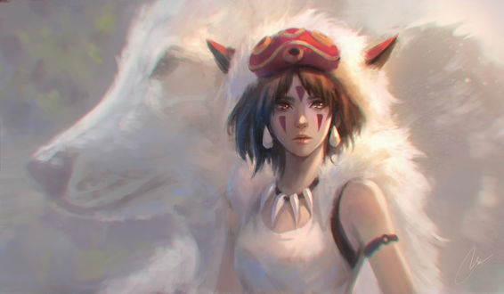 Обои на рабочий стол San / Сан и Moro / Моро из аниме Принцесса Мононокэ / Mononoke Hime