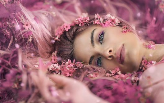 Обои на рабочий стол Девушка Mara Cammarota. лежит на розовых цветах, фотограф Alessandro Di Cicco