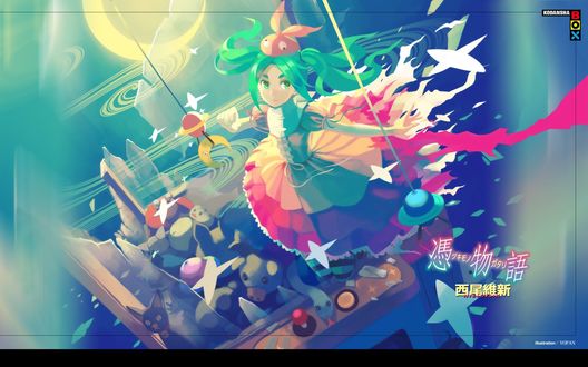 Обои на рабочий стол Yotsugi Ononoki с игрушками в своем воображаемом мире из аниме Bakemonogatari / Истории чудовищ, art by Vofan