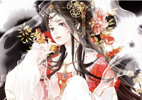 Обои на рабочий стол Девушка в китайской обежде с украшениями и цветами, art by Mao Jun