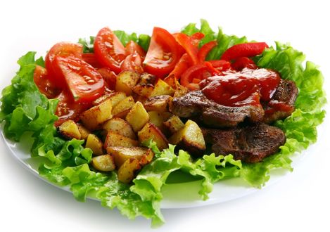 Обои на рабочий стол Мясо с картофелем и овощами