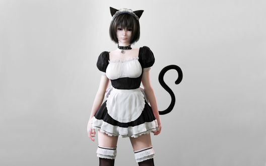 Обои на рабочий стол Девушка в костюме горничной на сером фоне, neko girl