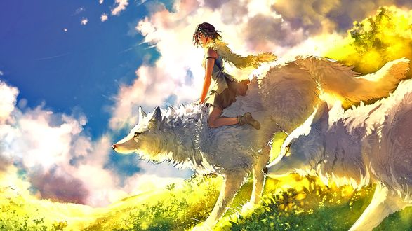Обои на рабочий стол San / Сан и Moro / Моро из аниме Принцесса Мононокэ / Mononoke Hime