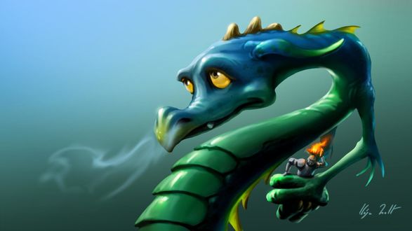 Обои на рабочий стол Дракончик держит в лапе рыцаря