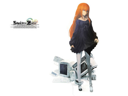 Обои на рабочий стол Kurisu Makise на белом фоне из аниме Steins Gate / Врата Штейна, art by Huke