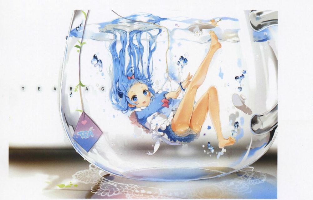 Обои для рабочего стола Девочка с голубыми волосами упала в чашку с водой, art by Anmi