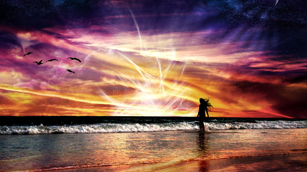 Обои для рабочего стола Девушка гуляет по побережью на фоне заката
