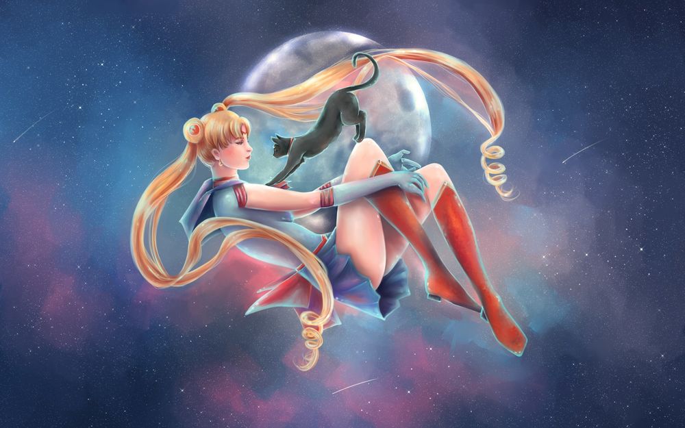 Обои для рабочего стола Сейлормун и кошка Луна герои из аниме Сейлормун / Sailormoon