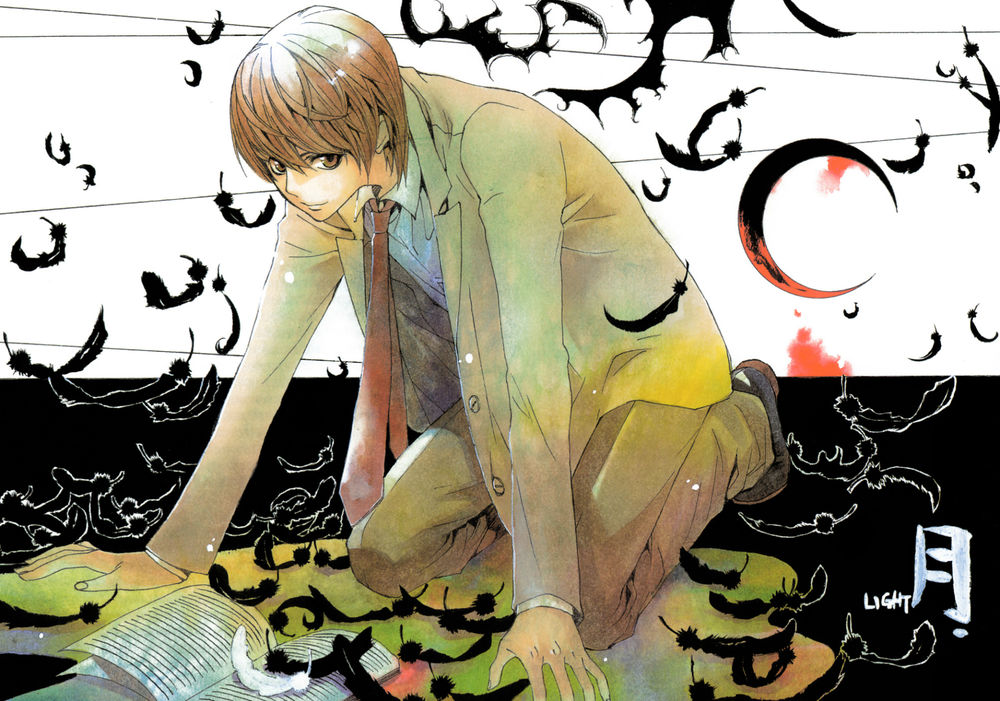Обои для рабочего стола Yagami Light сидит среди черных перьев, аниме Тетрадь Смерти / Death Note