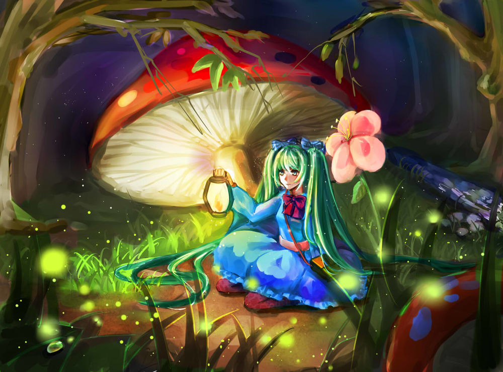 Обои для рабочего стола Vocaloid Miku Hatsune / Вокалоид Мику Хатсуне сидит с фонарем под грибом