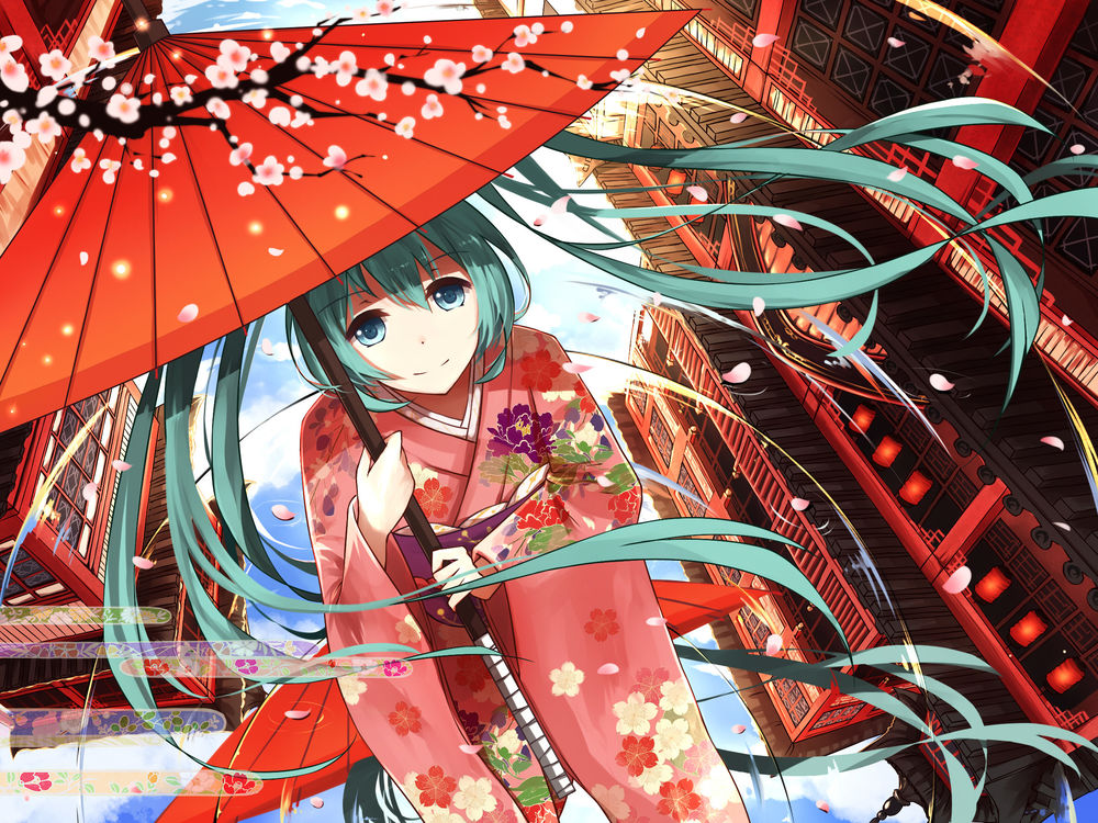 Обои для рабочего стола Vocaloid Hatsune Miku / Вокалоид Хатцуне Мику в кимоно под зонтом, art by Levi9452