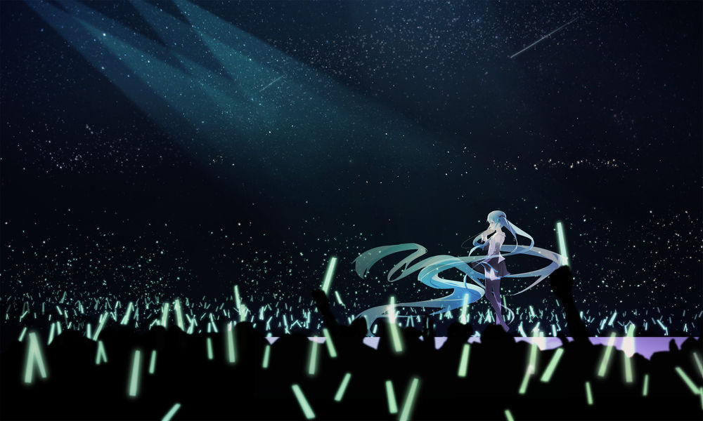 Обои для рабочего стола Vocaloid Hatsune Miku / Вокалоид Хатцуне Мику выступает на сцене перед огромным залом, art by Anna1997