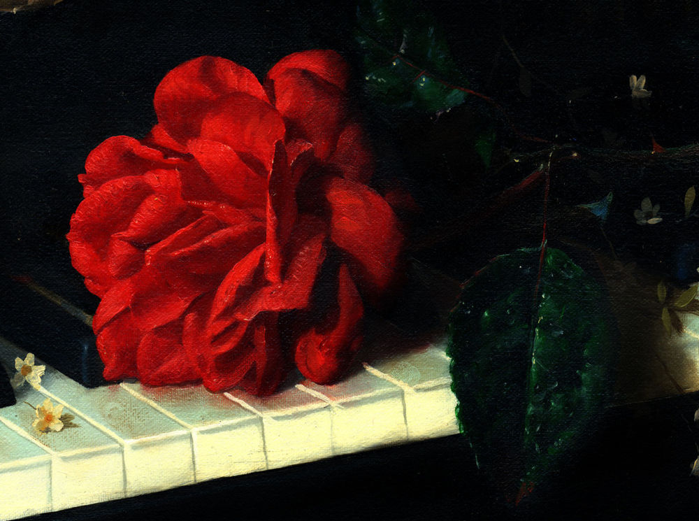 Обои для рабочего стола Красная роза лежит на клавишах пианино