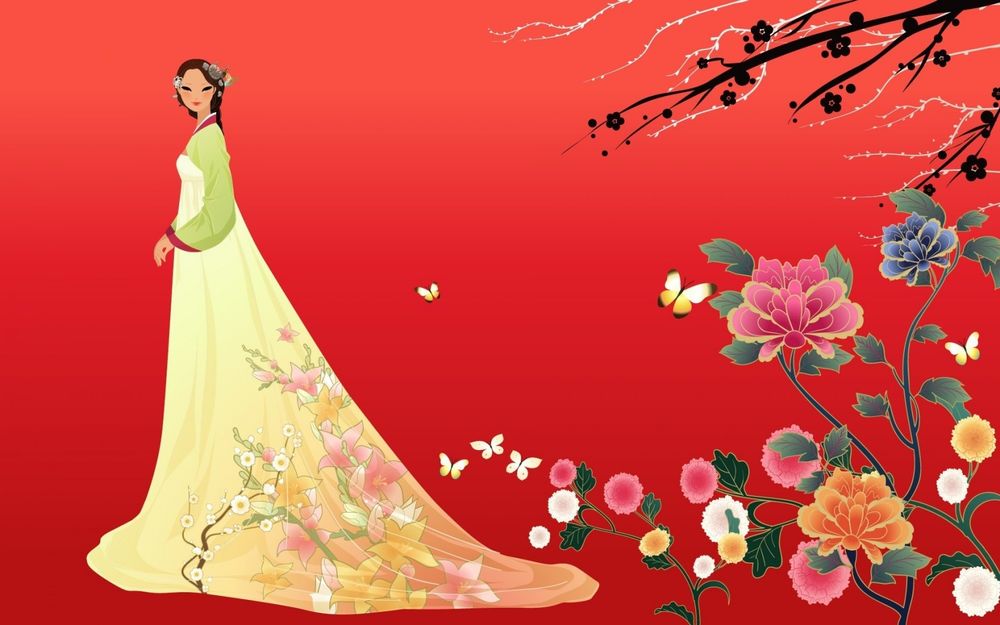 Обои для рабочего стола Девушка восточной внешности в длинном национальном наряде стоит на красном фоне, возле цветов, веток цветущей сакуры, возле нее летают бабочки