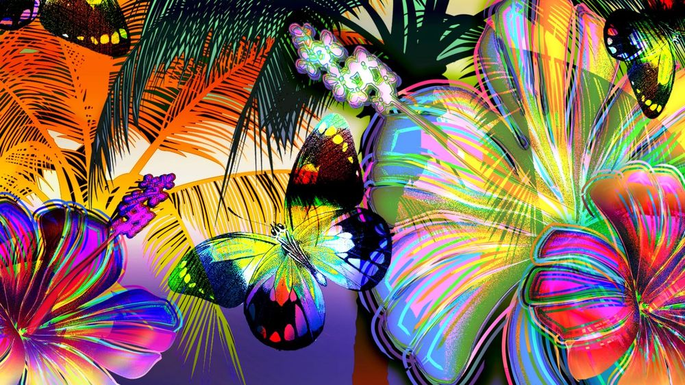 Обои для рабочего стола Разноцветные бабочки среди разноцветных цветов и зеленых пальм