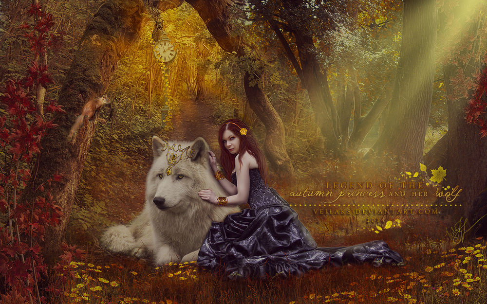 Обои для рабочего стола Девушка с волком сидят в лесу, by VeilaKs