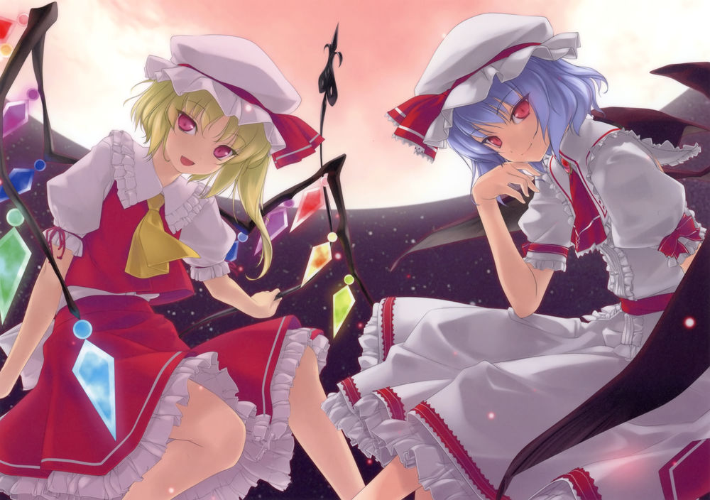Обои для рабочего стола Remilia Scarlet / Ремилия Скарлет и Flandre Scarlet из игры Проект Восток / Touhou Project, art Tomoe Rokuwata