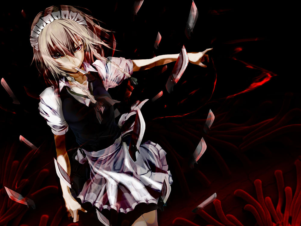 Обои для рабочего стола Sakuya Izayoi / Сакуя Изаеи с ножами из серии компьютерных игр Touhou Project / Проект Восток