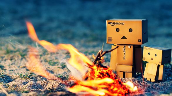 Обои на рабочий стол Картонные человечки Данбо / Danbo возле костра
