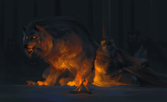 Обои на рабочий стол Злобный волк и человек рядом с костром, by Seenyurr