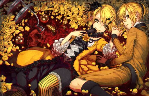 Обои на рабочий стол Vocaloid / Воколоиды Rin & Len Kagamine / Рин и Лен Кагамине лежат, взявшись за руки, среди золотых роз, art by Dearrose