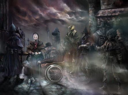 Обои на рабочий стол Рlain doll / Кукла и постаревший Нunter / Охотник из игры Bloodborne: Порождение крови на улице города