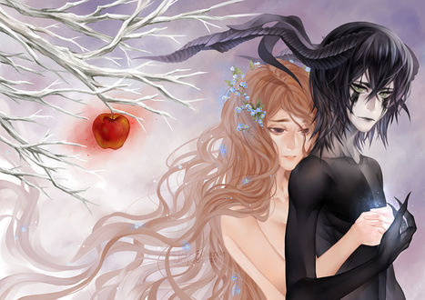 Обои на рабочий стол Иноуэ Орихимэ / Inoue Orihime и Улькиорра Шиффер / Ulquiorra Shiffer из аниме Блич / Bleach