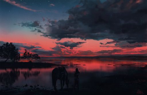 Обои на рабочий стол Человек с лошадью стоят на фоне серо-розового озера, by Cyan707