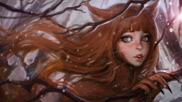 Обои на рабочий стол Девушка-лисичка, art by AyyaSap