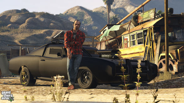Обои на рабочий стол Тревор - герой видеоигры Grand Theft Auto V стоит у автомобиля возле разрушенной постройки на фоне гор