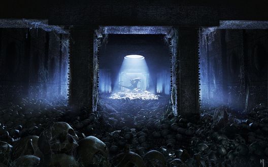 Обои на рабочий стол Ксеноморф из фильмов Alien / Чужой на куче человеческих черепов под лучом света