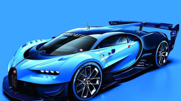 Обои на рабочий стол Автомобиль Bugatti, Vision, Gran Turismo, Concept синего цвета на голубом фоне