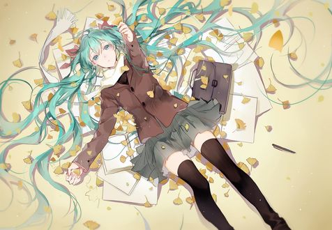 Обои на рабочий стол Vocaloid Hatsune Miku / Вокалоид Хатсуне Мику в школьной форме лежит и любуется осенними листьями