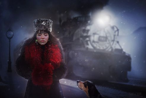 Обои на рабочий стол Пес смотрит на замерзшую девушку, одетую в шапку, пальто с меховым воротником и спрятавшую руки в меховую муфточку, by brietolga