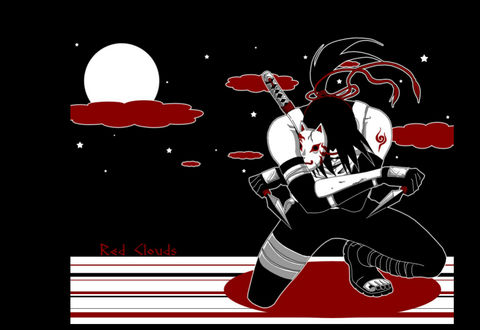 Обои на рабочий стол Итачи Учиха / Itachi Uchiha в форме ANBU на фоне кровавых облаков из аниме Наруто / Naruto (Red Clouds / Красные облака)