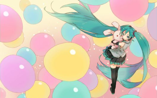 Обои на рабочий стол Вокалоида Хатсуне Мику / Vocaloid Hatsune Miku с игрушечным зайцем в окружении разноцветных воздушных шаров