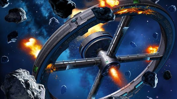 Обои на рабочий стол Nave espacial en el campo de asteroides / Космический корабль в поясе атероидов