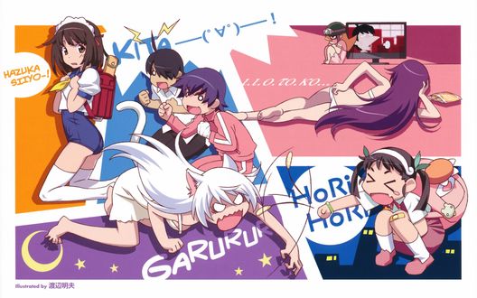 Обои на рабочий стол Hachikuji Mayoi и Tsubasa Hanekava дерутся, аниме Bakemonogatari / Истории чудовищ, art by Akio Watanabe