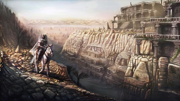Обои на рабочий стол Guerrero con armadura sobre un caballo en un mundo de fantasГ­a / Скачущий на коне воин в мире фэнтэзи